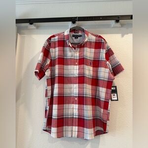 US Polo Assn. short sleeve button down. Red plaid, Fabric has comfort stretch.